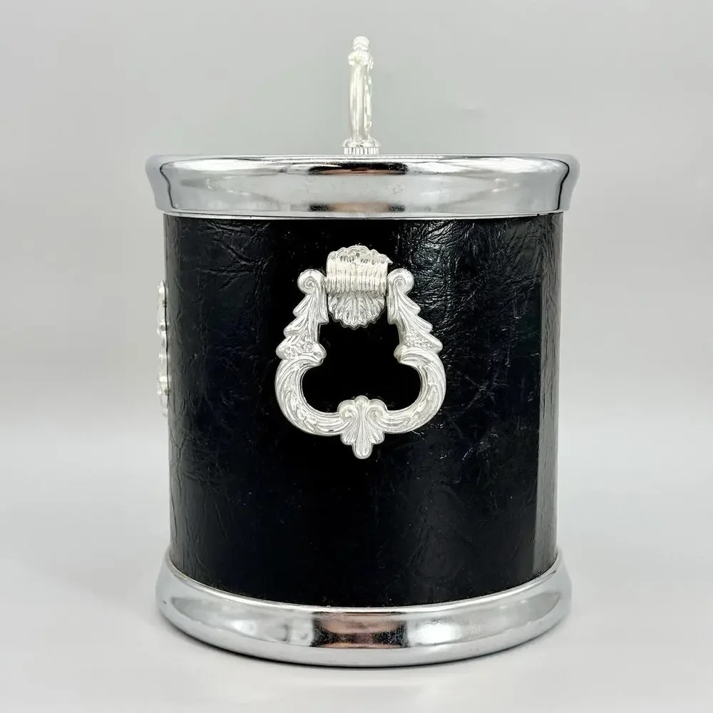 Hong Kong MCM Vintage Black Vinyl and Silver Ice Bucket W/Crest Design